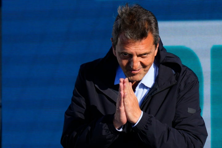 Sergio Massa, Argentine Economy Minister and ruling party presidential candidate acknowledges the crowd during a campaign event in Buenos Aires, Argentina, Tuesday, Oct. 17, 2023. (AP Photo/Natacha Pisarenko)