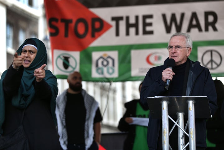  Labour MP John McDonnell speaks to the assembled supporters outside Downing Street.