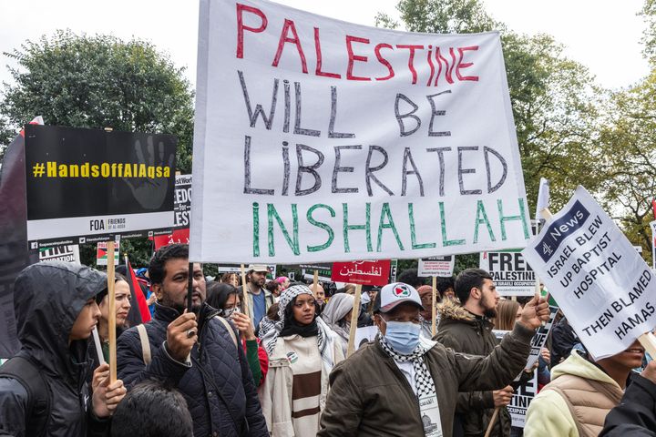 Pro-Palestinian protesters assemble in Hyde Park before a march through central London in support of the Palestinian population of Gaza 