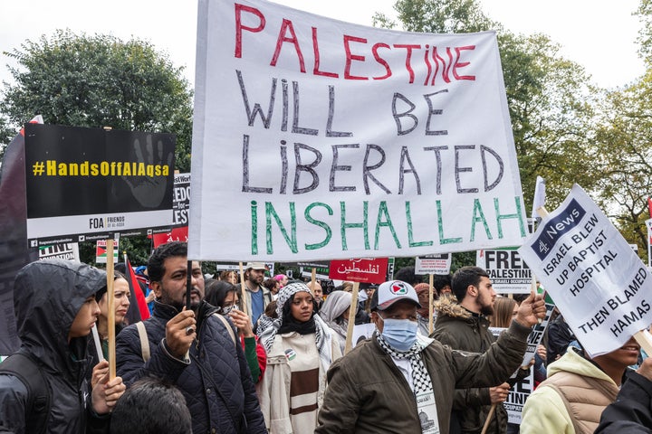 Pro-Palestinian protesters assemble in Hyde Park before a march through central London in support of the Palestinian population of Gaza 