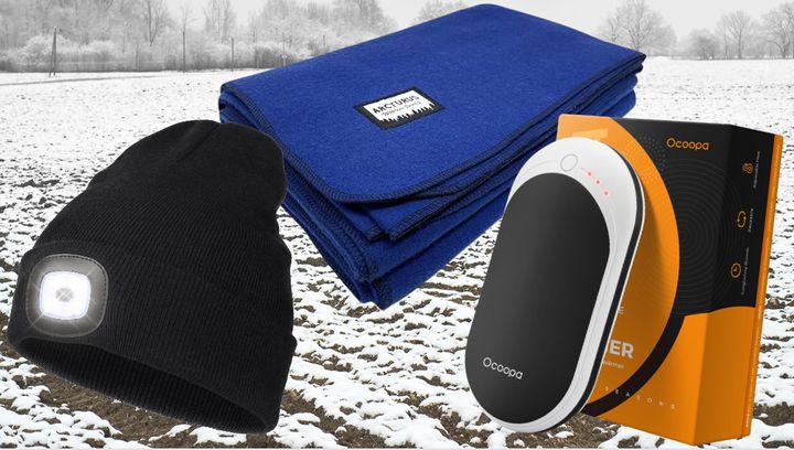 A beanie with headlamp, military-grade wool blanket and electric hand warmer.