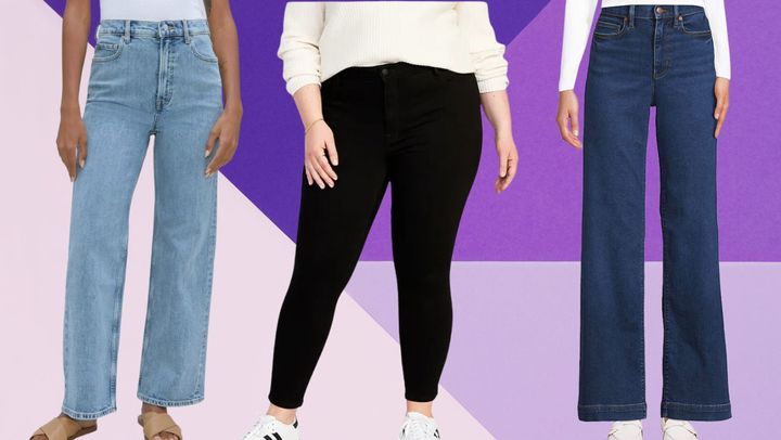 A pair of A-line jeans from Everlane, high-waisted skinny jeans from Old Navy and a pair of Land's End wide-legged pants.
