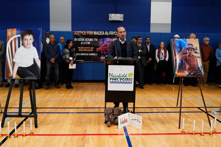 Dilawar Syed, deputy executive of the Small Business Administration, speaks at a vigil for a slain Palestinian American boy, Wadea al-Fayoume, last Tuesday.