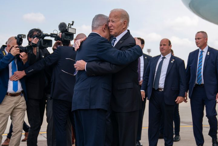 President Joe Biden is greeted by Israeli Prime Minister Benjamin Netanyahu after arriving Wednesday in Tel Aviv.