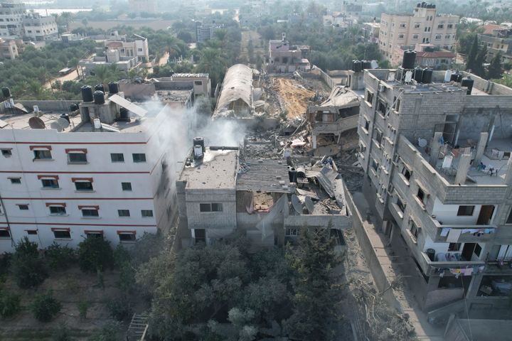 A building destroyed in an Israeli airstrike on the Gaza Strip is seen in Deir Al-Balah, Tuesday, October 24, 2023.