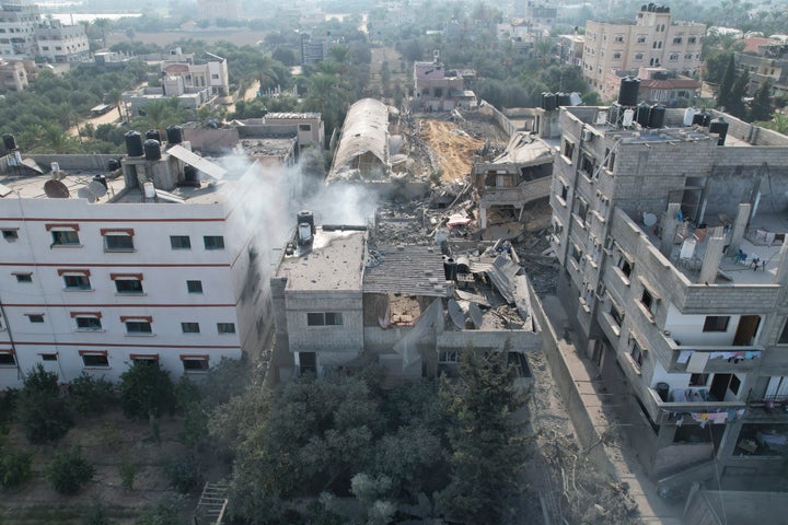 A building destroyed in an Israeli airstrike on the Gaza Strip is seen in Deir Al-Balah, Tuesday, October 24, 2023.