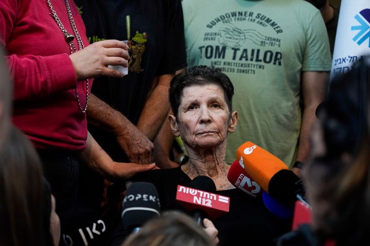 Yocheved Lifshitz, 85, who was held hostage in Gaza after being abducted during Hamas' bloody Oct. 7 attack on Israel, speaks to members of the press a day after being released by Hamas militants.
