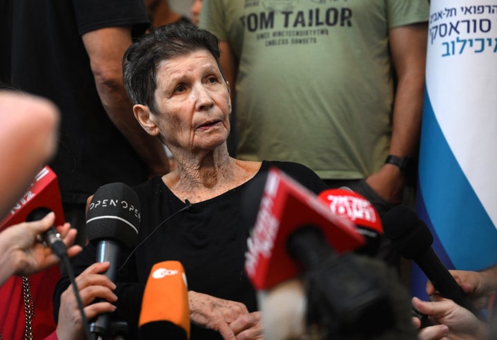 Yocheved Lifshitz speaks to the media outside a hospital in Tel Aviv, Israel, after she was released by Hamas on Monday night.