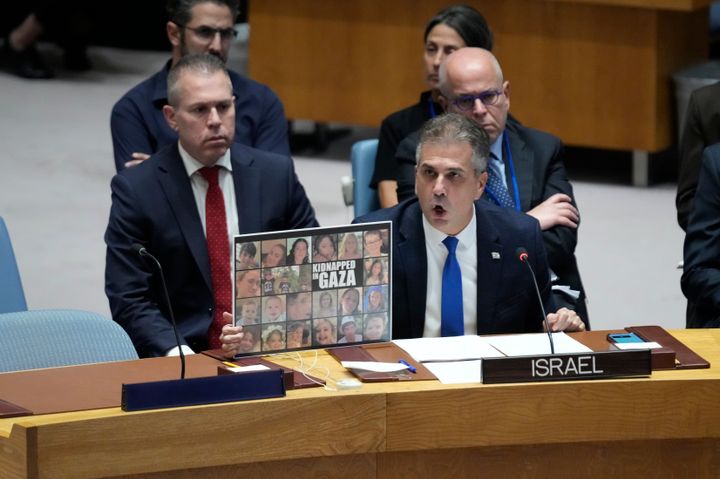 Ο Ισραηλινός υπουργός Εξωτερικών Eli Cohen μιλάει κατά τη διάρκεια συνεδρίασης του Συμβουλίου Ασφαλείας στην έδρα των Ηνωμένων Εθνών, Τρίτη 24 Οκτωβρίου 2023.