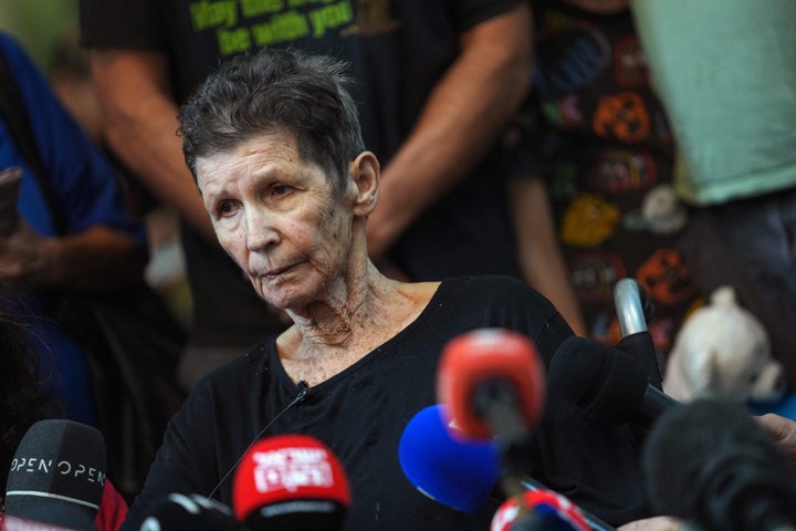 Israeli Yocheved Lifshitz, 85, holds a press conference in Tel Aviv after she was released by Palestinian militant group Hamas on October 24, 2023. Lifshitz, a resident of Nir Oz kibbutz, one of the Israeli communities near the Gaza Strip that Hamas militants attacked on October 7, said on October 24 she was beaten during her abduction, then treated well during more than two weeks held captive in Gaza.