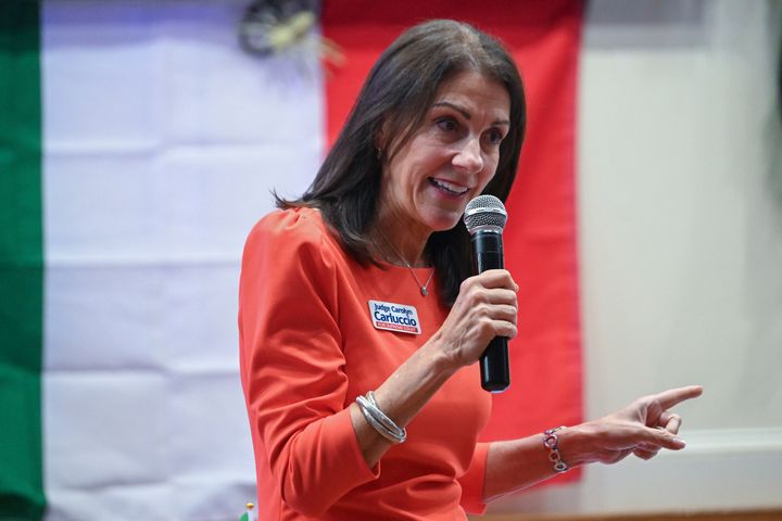 Montgomery County Judge Carolyn Carluccio, a Republican candidate for Pennsylvania Supreme Court, campaigns in Connellsville, Pennsylvania.