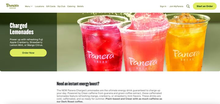 An ad for the Charged Lemonade on the Panera website.