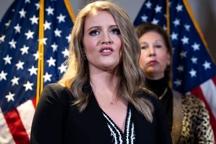 Lawyers Jenna Ellis (center) and Sidney Powell pleaded guilty in Fulton County, Georgia, for their roles in former President Donald Trump's efforts to overturn his 2020 election loss.