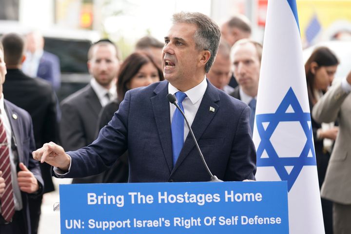 Israeli Foreign Minister Eli Cohen speaks about Israeli hostages being held by Hamas in front of United Nations headquarters in New York, Tuesday, October 24.