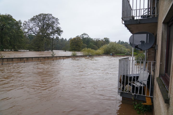 A view of River Street and the river wall in Brechin, Scotland, when Storm Babet battered the country. 