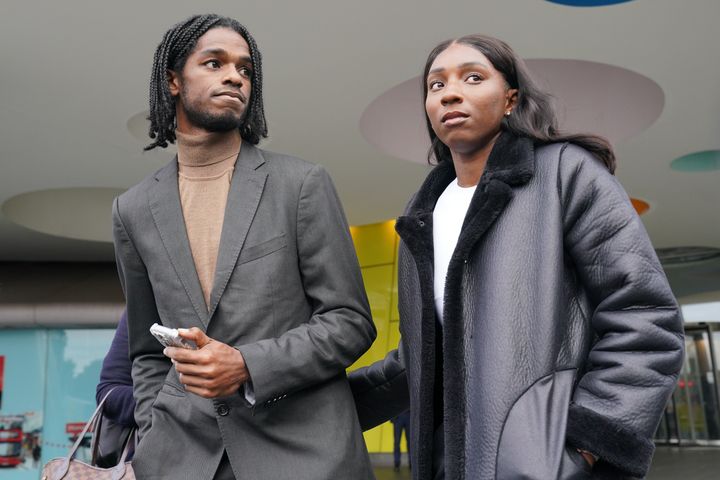 <strong>Athletes Bianca Williams and Ricardo Dos Santos speak to the media outside Palestra House, central London, after the judgement was given for the gross misconduct hearing of five Metropolitan Police officers over their stop and search.</strong>