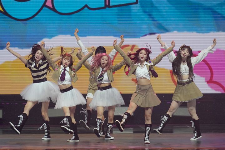 K-pop girl group STAYC performs at an event in Seoul, South Korea, on Feb. 18.
