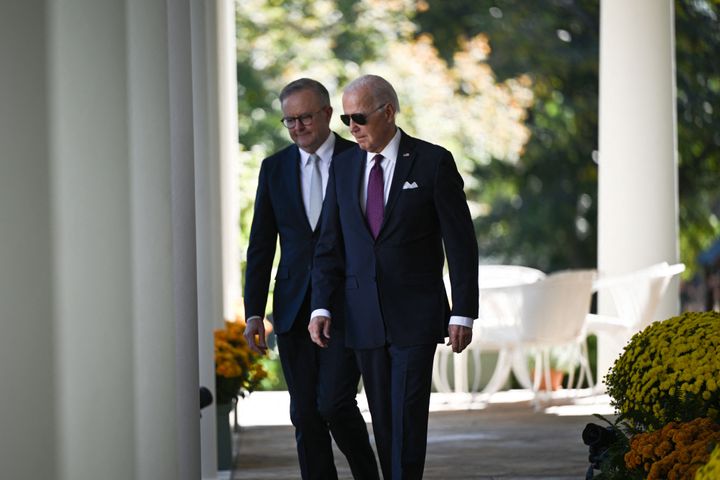US President Joe Biden and Australia's Prime Minister Anthony Albanese arrive to hold a joint press conference in the Rose Garden of the White House on Oct. 25, 2023.