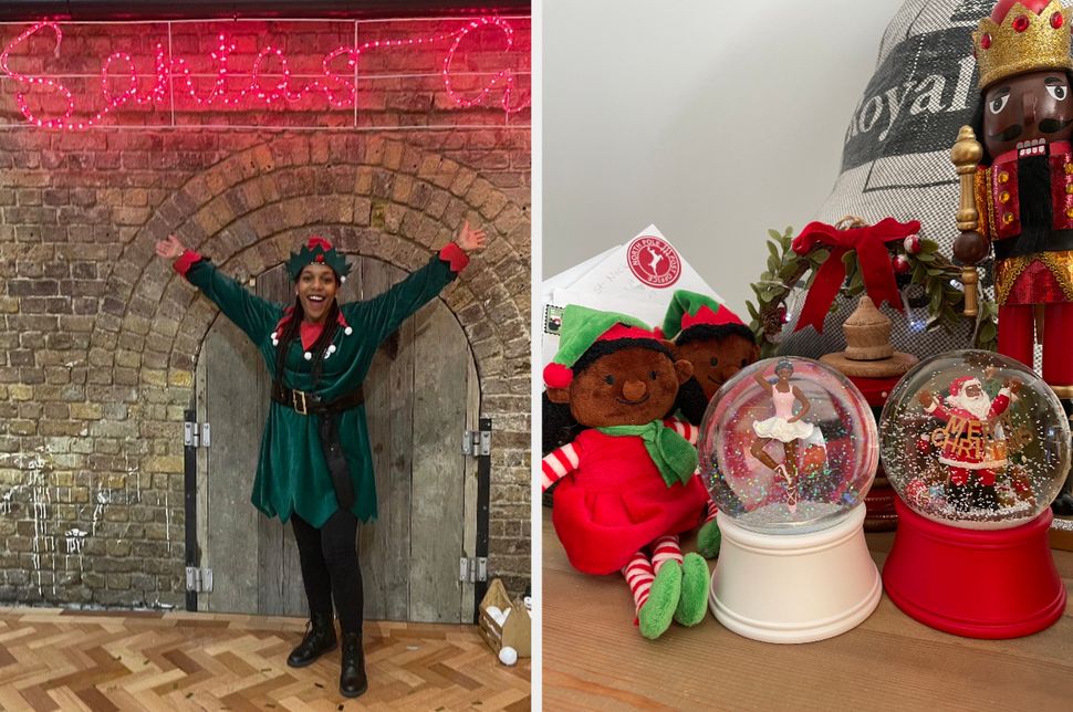 An elf welcomes children to the grotto (left) and a range of products sold online and in the grotto (right).