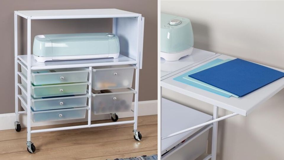 A rolling storage cart with an extendable table
