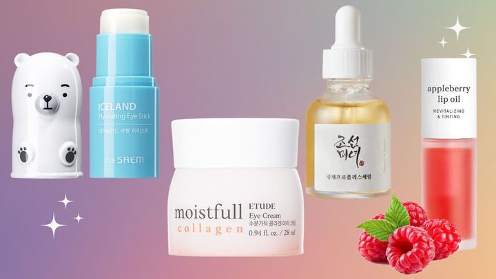 A cooling and hydrating eye balm, a collagen eye cream, Beauty of Joseon glow serum and an apple berry tinted lip oil.