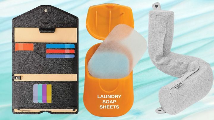 A tri-fold travel wallet, portable laundry soap sheets and a bendable travel pillow. 