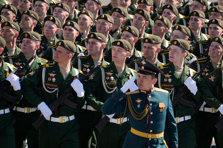 Troops march during a rehearsal for the Victory Day military parade back in May.