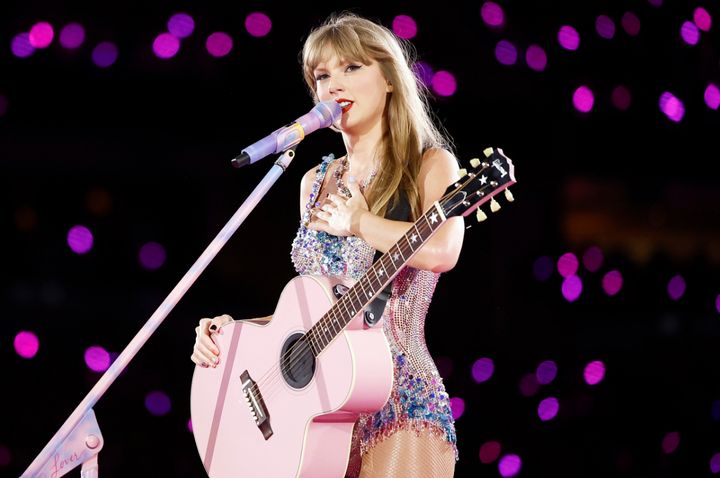 Taylor Swift performs onstage during The Eras Tour at SoFi Stadium on August 03, 2023 in Inglewood, California.