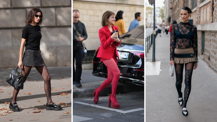 Guests at Paris Fashion Week in September show how to pair tights with a mini skit.