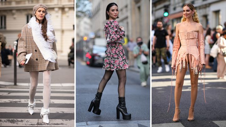 Wearing neutrals that match your shoe can elongate the look of your legs, as seen here. Left to right: A guest at Paris Fashion Week 2023; Heart Evangelista at Paris Fashion Week 2023; Chiara Ferragni at Paris Fashion Week 2022.