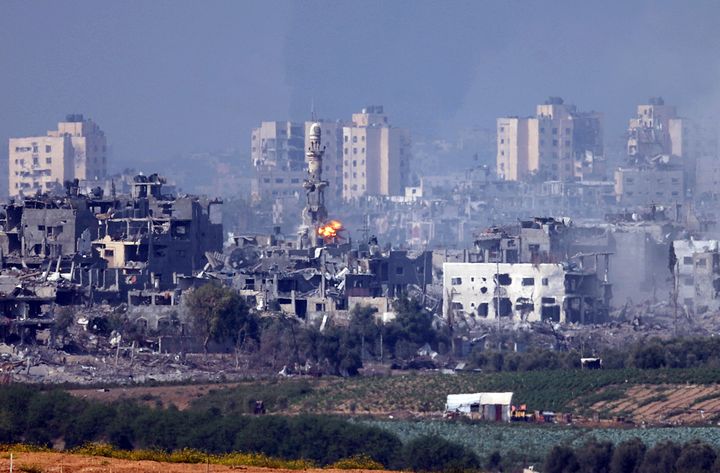 UNSPECIFIED, ISRAEL - OCTOBER 29: A missile strikes behind a minaret in Gaza on October 28, 2023 in Sderot, Israel. In the wake of the Oct. 7 attacks by Hamas that left 1,400 dead and 200 kidnapped, Israel launched a sustained bombardment of the Gaza Strip and threatened a ground invasion to vanquish the militant group that governs the Palestinian territory. But the fate of the hostages, Israelis and foreign nationals who are being held by Hamas in Gaza, as well as international pressure over the humanitarian situation in Gaza, have complicated Israel's military response to the attacks. A timeline for a proposed ground invasion remains unclear. (Photo by Dan Kitwood/Getty Images)