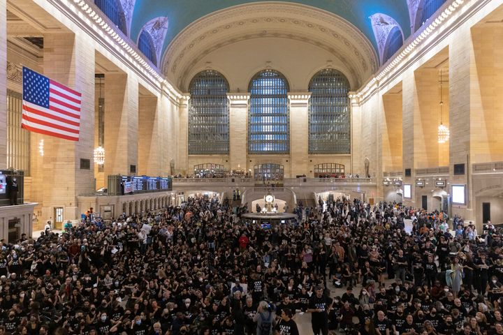Protesters gather at Grand Central Terminal during a rally calling for a ceasefire between Israel and Hamas on Friday, Oct. 27, 2023, in New York.