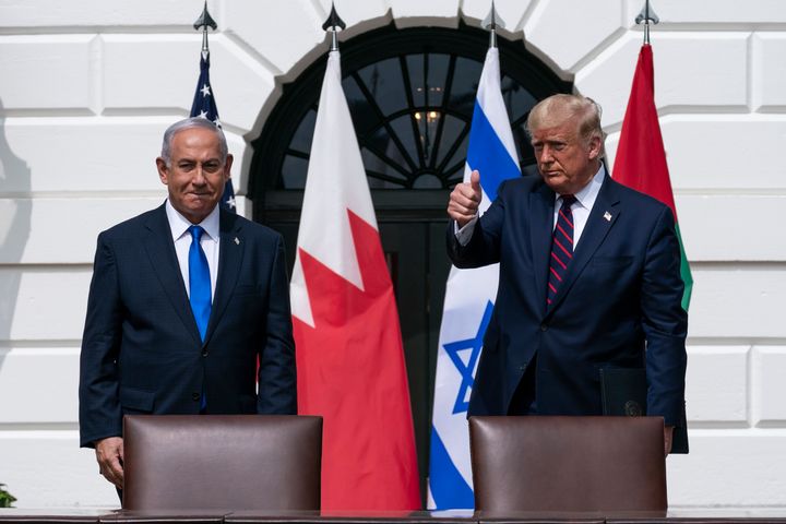 Israeli Prime Minister Benjamin Netanyahu, left, and then-President Donald Trump stand to depart an Abraham Accords signing ceremony on Sept. 15, 2020, in Washington.