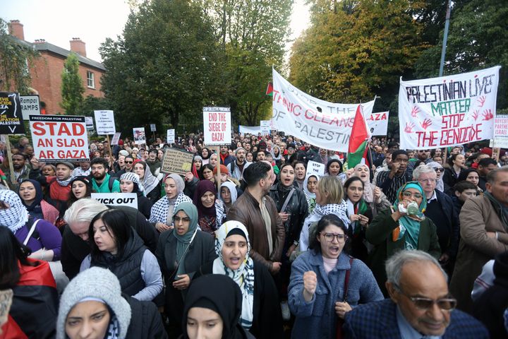 Thousands of demonstrators appear in Dublin on Oct. 28, voicing concerns about the ongoing conflict in the Middle East and emphasizing the importance of raising awareness and calling for peace and justice in the region. 