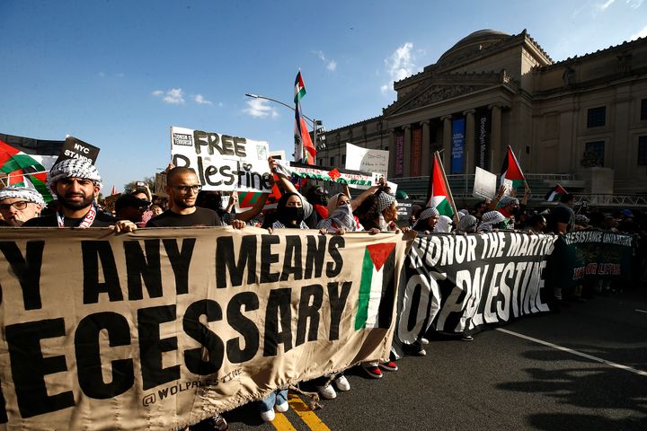Palestinian supporters chant slogans with flags during the “Flood Brooklyn For Gaza” rally on Oct. 28 in the Neighborhood of Crown Heights in Brooklyn. The two groups that organized the rally, which was near the Chabad-Lubavitch Hasidic movement headquarters, comes at the heels of demonstrator arrests a week earlier in Bay Ridge, Brooklyn. 