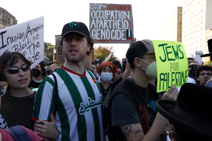 Palestinian supporters chant slogans on Oct. 28 in Brooklyn.