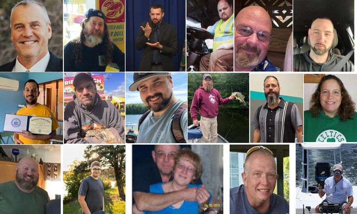 These photos provided by the Maine Department of Public Safety shows victims of the Maine Shooting, Top from left, Ronald G. Morin, Peyton Brewer-Ross, Joshua A. Seal, Bryan M. MacFarlane, Joseph Lawrence Walker, Arthur Fred Strout. Second row from left, Maxx A. Hathaway, Stephen M. Vozzella, Thomas Ryan Conrad, Michael R. Deslauiers II, Jason Adam, Tricia C. Asselin. Third Row from left, William A. Young, Aaron Young, Robert E. Violette and Lucille M. Violette, William Frank, Keith D. Macneir. (Maine Department of Public Safety via AP)