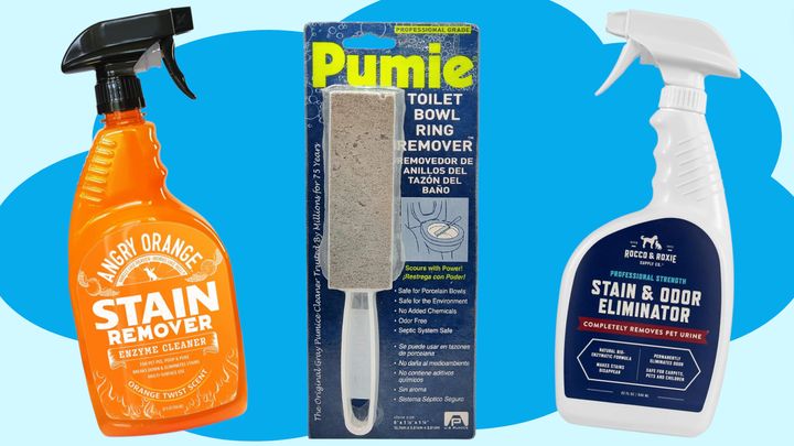 Angry Orange stain remover, a Pumie toilet bowl ring remover and Rocco & Roxie's stain and odor eliminator