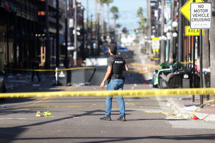 The Tampa Police Department and the Hillsborough County Sheriff's Office investigates a fatal shooting in the Ybor City neighborhood on October 29, 2023 in Tampa, Florida. (Photo by Octavio Jones/Getty Images)