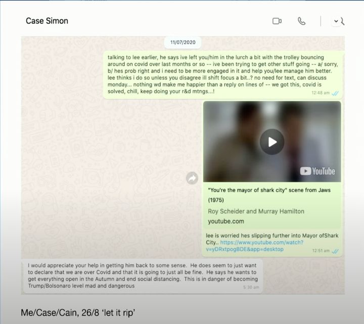 WhatsApp messages between Simon Case and Dominic Cummings, showing Case's comparison between Johnson, Trump and Bolsonaro.