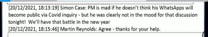 Whatsapp messages showing Simon Case say that Boris Johnson did not believe that his messages would be made public via the Covid Inquiry.