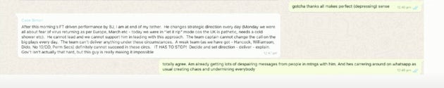 Whatsapp messages showing Simon Case criticise Boris Johnson's inconsistent leadership style.