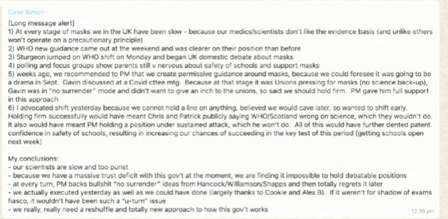 WhatsApp messages from Simon Case criticising scientists for being 'too slow' and saying the cabinet needs a reshuffle.