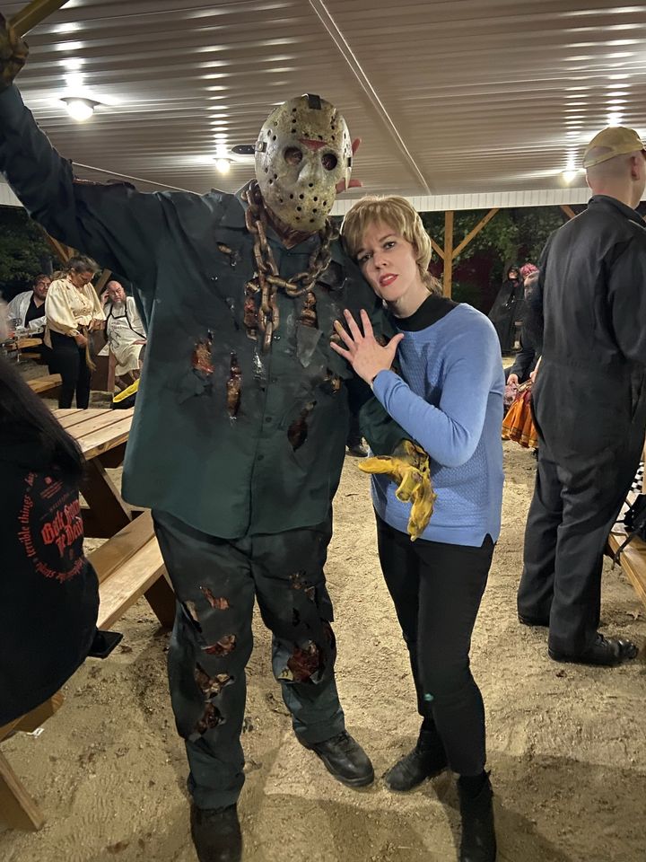 "I did the costume myself. Bought the clothes from the Goodwill," Trotter said about her Pamela Voorhees costume. She is pictured with Jason from "Friday the 13th," played by Lee Troutman, for Kersey Valley Spookywoods in Archdale, North Carolina.