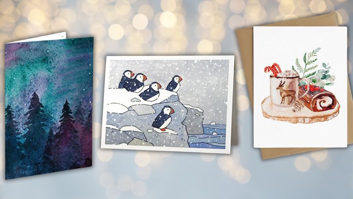 A snowy night card set, a puffins in snow card set and a holiday treats card set from Etsy.