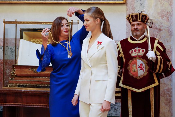 Spanish Crown Princess of Asturias Leonor receives the Medal of Congress from President of the Congress Francina Armengol during a ceremony to swear loyalty to the Constitution on her 18th birthday.