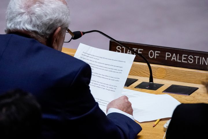 Riyad Mansour, the Palestinian U.N. ambassador, addresses members of the U.N. Security Council at United Nations headquarters, Monday, Oct. 30, 2023. (AP Photo/Eduardo Munoz Alvarez)