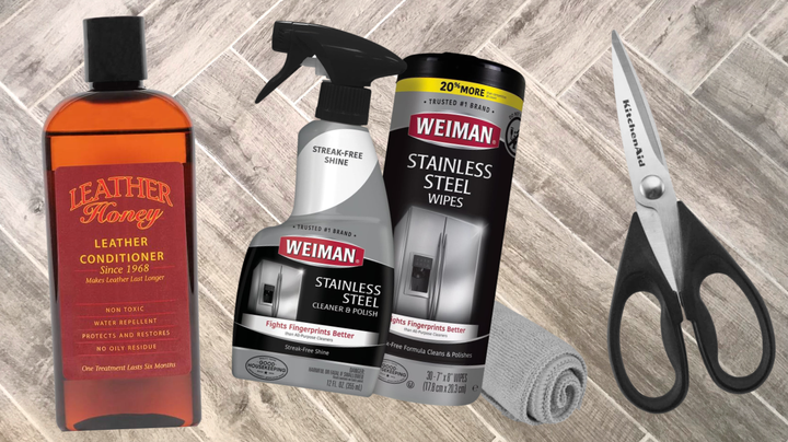 Leather conditioner, a stainless steel cleaner kit and KitchenAid all-purpose shears.