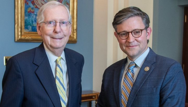 House Speaker Mike Johnson and Senate Minority Leader Mitch McConnell are shown meeting for the first time since Johnson gained his leadership post in a photo posted on McConnell's Facebook page.