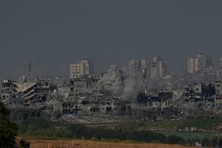 Smoke rises from the Gaza Strip during the ongoing bombardment by the Israeli military on Tuesday, Oct. 31, 2023. (AP Photo/Ariel Schalit)